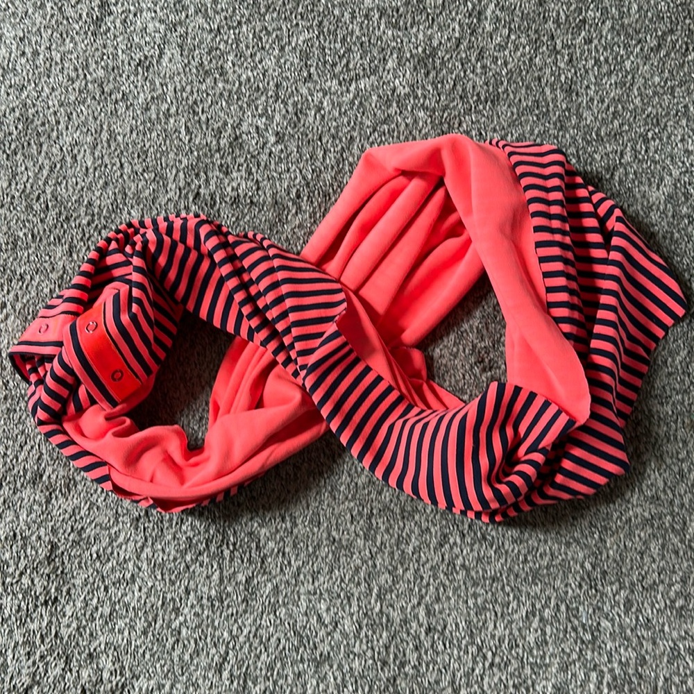 LuluLemon Vinyasa Scarf/Wrap
Navy and Coral Orange Stripe. 
14-snap closure.